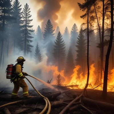 A firefighter battles a wildfire in a forest
