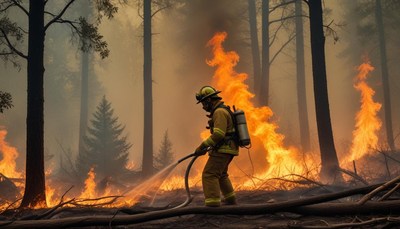 A firefighter battles a forest fire in the woods