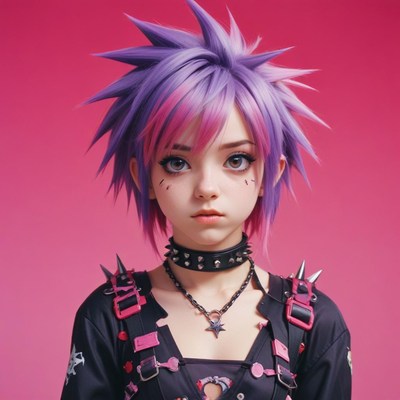 Girl with purple and pink hair poses by pink backdrop
