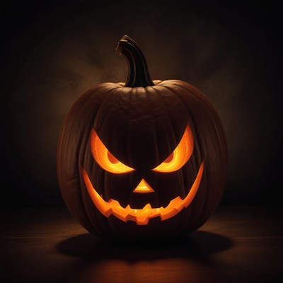 A carved pumpkin with a sinister grin glows in the dark