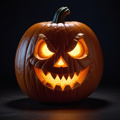 A carved pumpkin with a lit candle glows in the dark