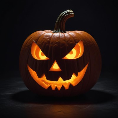 A lit jack-o'-lantern with a menacing grin