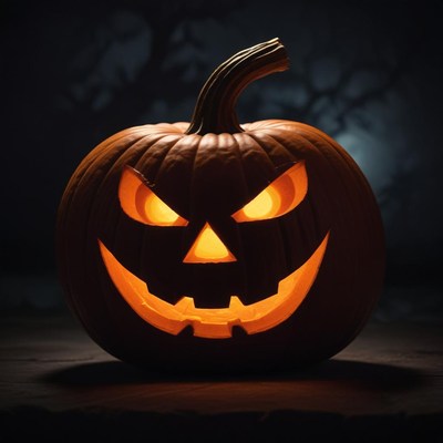 A carved pumpkin glows in the dark