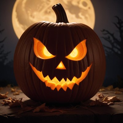 A glowing pumpkin shines under the halloween moon
