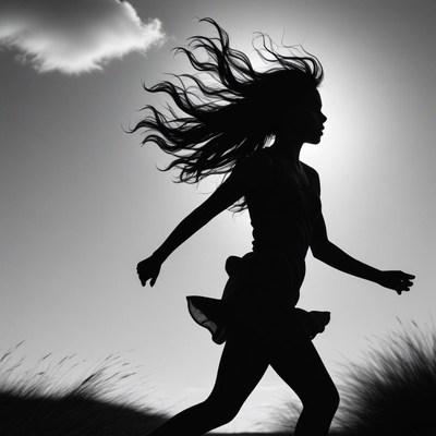 A woman runs through a field with the wind blowing her hair