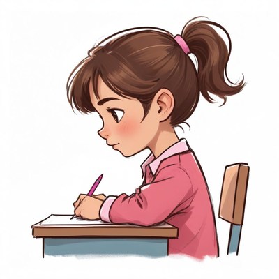 A girl sits at a desk writing with a pink pen