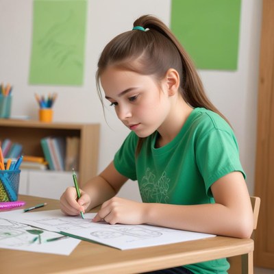 A young girl draws on a sheet of paper at a desk