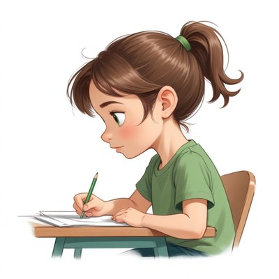 A young girl writes in a notebook at a desk