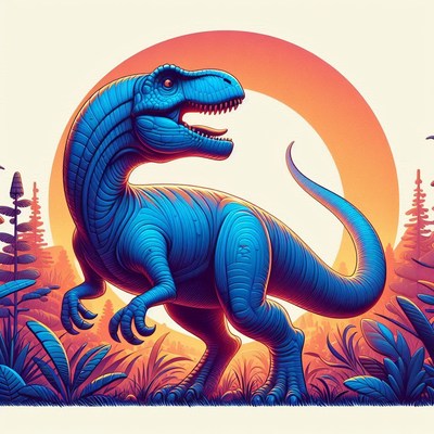 A blue dinosaur stands in a forest
