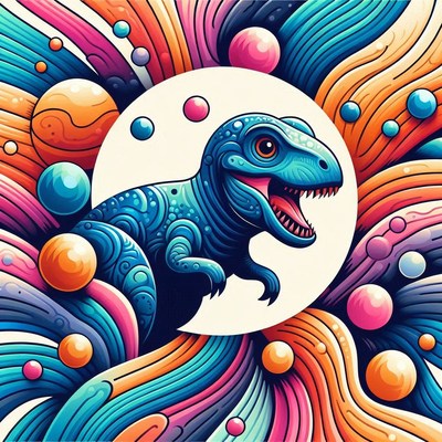A blue dinosaur surrounded by colorful swirls
