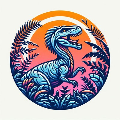 A blue dinosaur stands in a lush jungle at sunset