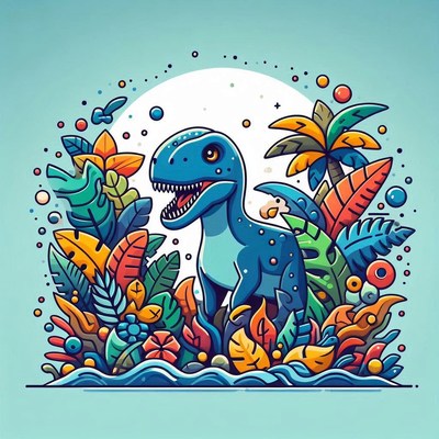A blue dinosaur stands in a tropical jungle