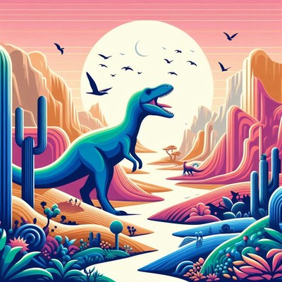 A dinosaur stands tall in a desert landscape