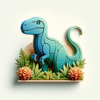 A blue dinosaur stands in front of green plants