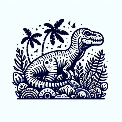 Dino illustration in a jungle, black and white