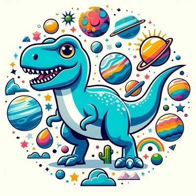 A blue dinosaur stands among planets and stars