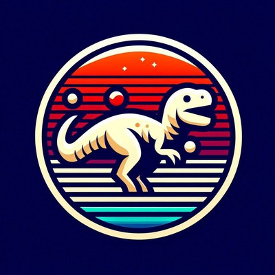 A white dinosaur stands in front of a sunset