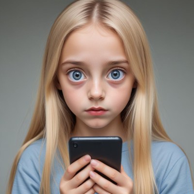 A young girl with blonde hair stares intently at her phone