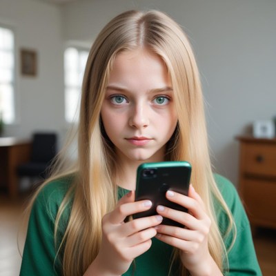 A young girl looks at her phone in her home