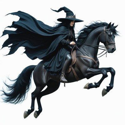 A woman in black rides a horse through the air