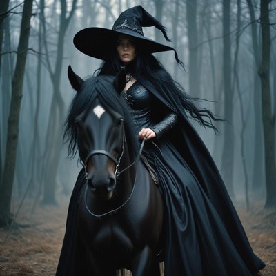 A witch rides a black horse through a misty forest