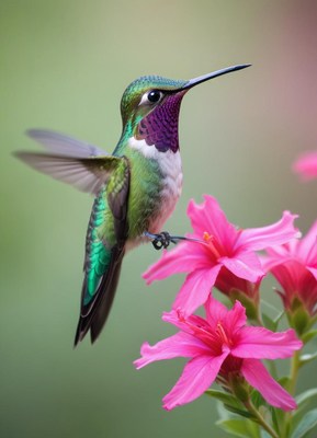 A hummingbird hovers near pink flowers
