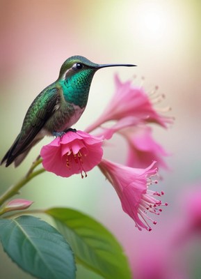 A hummingbird perches on a pink flower