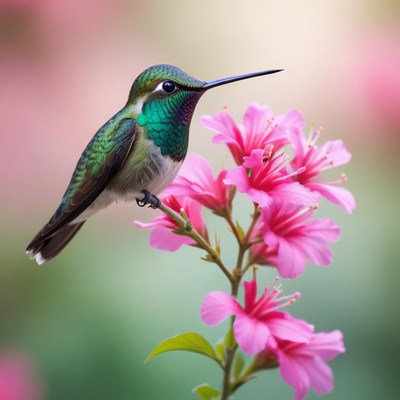 A hummingbird perches on a pink flower