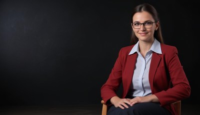 Woman in a red blazer sits against a black backdrop