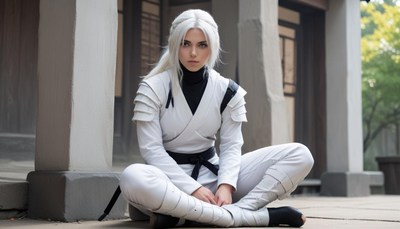 Woman in white sits on the ground by a building