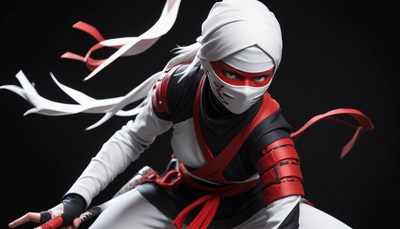 A ninja in white and red poses seriously