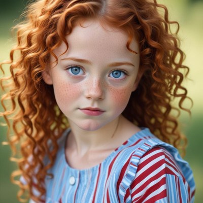 A young girl with curly red hair stares at the camera