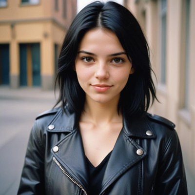 Woman in a leather jacket smiles at the camera