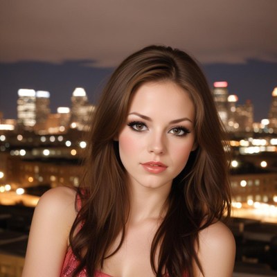 A woman poses in front of a city skyline at night
