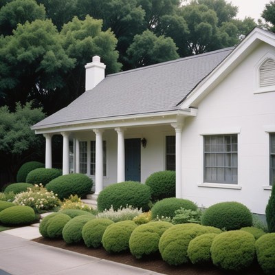 A white house with a gray roof and a manicured lawn