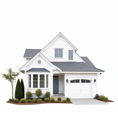 A white house with a gray roof and a large front yard