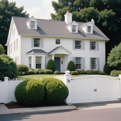 A white house with a white fence and gate on a sunny day