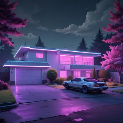 A white car in a driveway with pink neon lights