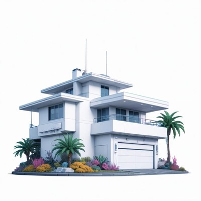 A modern white house with palm trees and lush landscaping