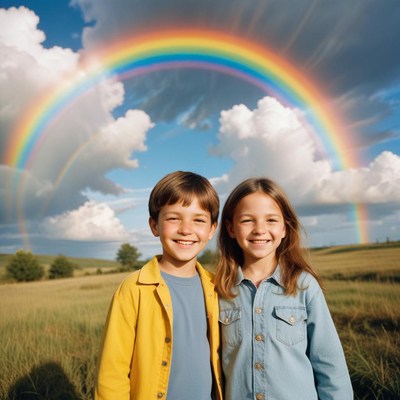 Two children smile under a rainbow in a field