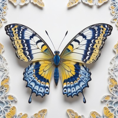 Blue and yellow butterfly on white background
