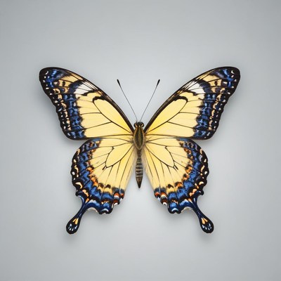 Yellow butterfly with blue-black markings on gray