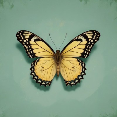 A yellow butterfly with black on green