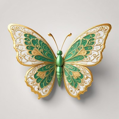 A green and gold butterfly with intricate details