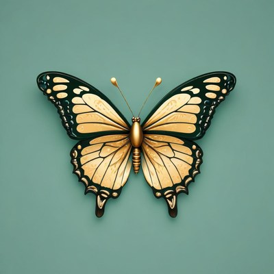 Gold butterfly with black accents on teal