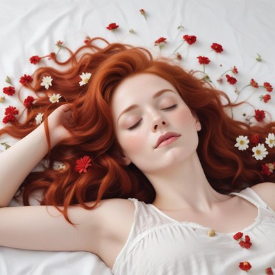 Red-haired woman sleeps among soft flowers