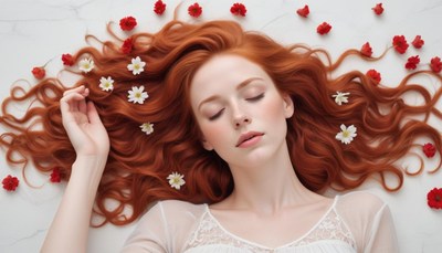 Red-haired woman rests on white surface with flowers