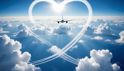 An airplane flies through the clouds, creating a heart shape