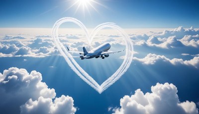 A white airplane flies above puffy clouds