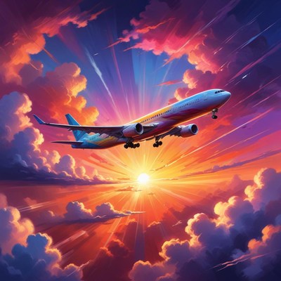 An airplane flies through a vibrant sunset sky